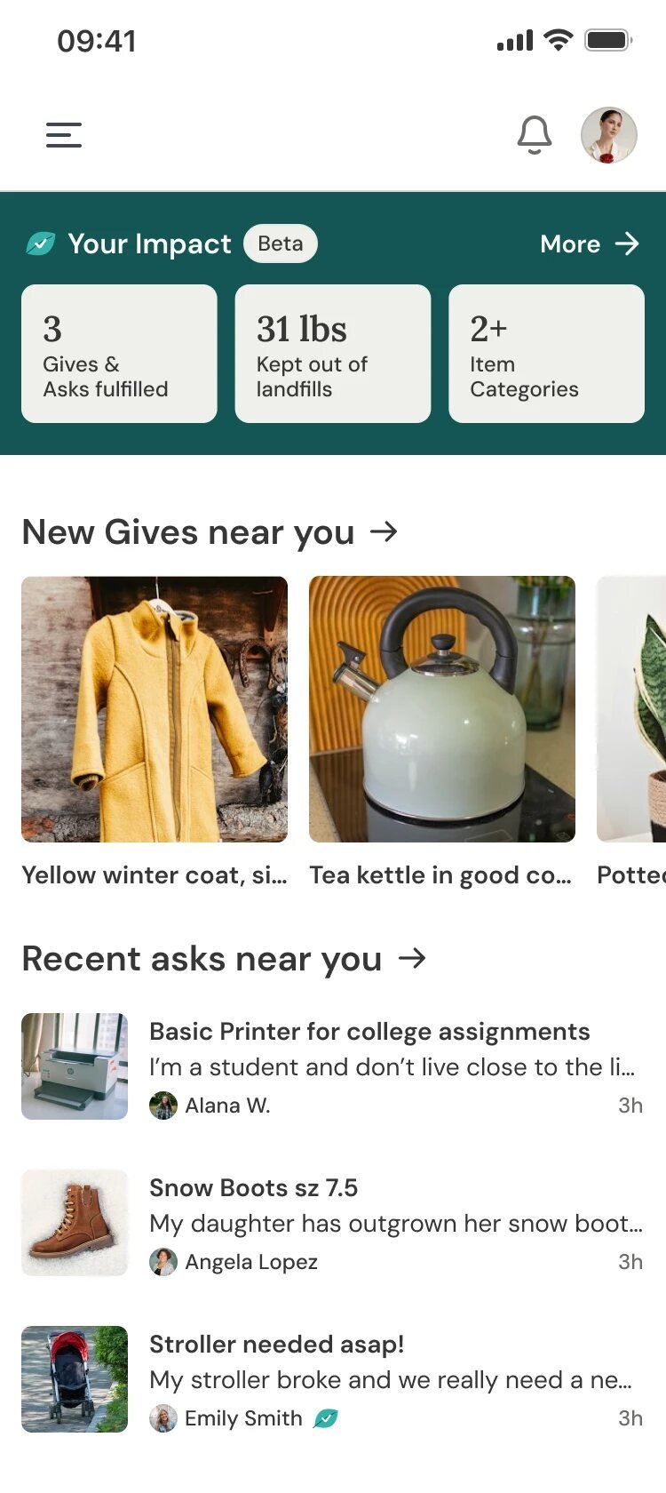 Redesigned Buy Nothing app home: Your Impact stats, new gives near you, and recent asks near you