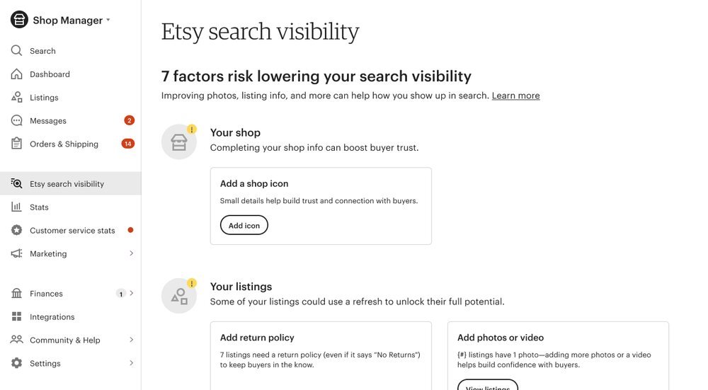 Etsy Shop Manager with the Etsy search visibility page open, listing factors that may lower a shop's search ranking, like a missing shop icon or return policy