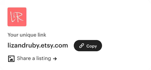 Share & Save card: your unique shop link with a Copy button and an option to share a listing