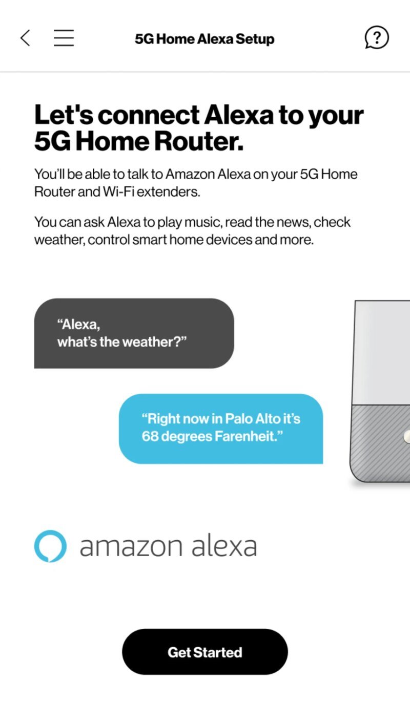 Verizon 5G Home app screen: Let's connect Alexa to your 5G Home Router, with an example Alexa weather question